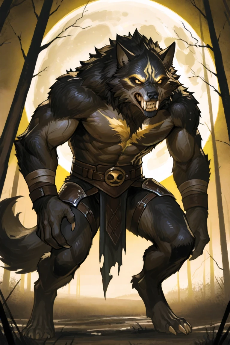 score_9、score_8_up、score_7_up、score_6_up、score_5、score_4_up、Hunger、Ogre Werewolf、Big black eyes、Black fur、Muscular、Sharp teeth、nail、feet、Are standing、gold pendant necklace、Bloody bandage、Holding a medieval axe、Simple Background