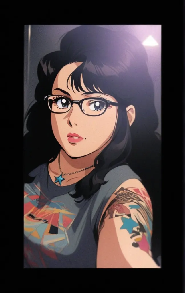 <lora:Punchline:0.8>, woman, long hair, black hair, bangs, solo, glasses, green eyes,collared shirt, blunt bangs, freckles, PunchlineDC, (masterpiece:1.0), (best quality:1.0), (8k wallpaper:1.0), extremely delicate and beautiful, (beautiful detailed face:1.0), (detailed deep eyes), symmetrical breasts, deep eyes,