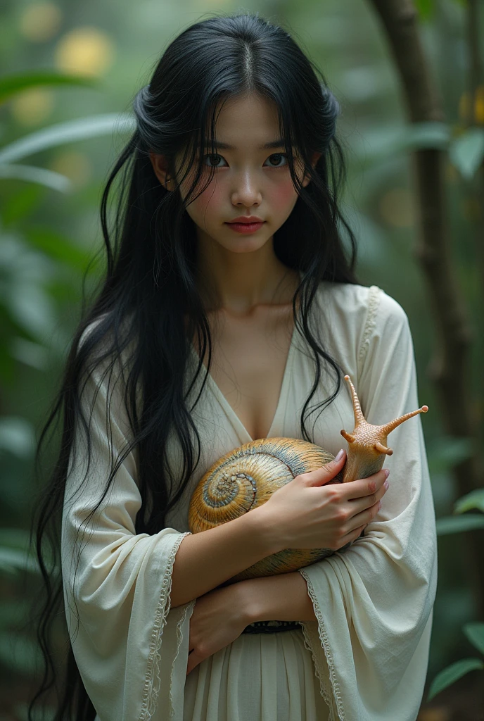A hybrid between a snail and a human. Her upper body it's of a human woman with long straight black hair, delicate asian features and a peaceful expression. Her lower body it's that of a snail, similar to a snake, she has a beautiful light brown shell with sparkle nature. She is the one that inspires the Chinese myth of The River Snail Maiden. We only get to see her back while she is looking at the trees, curled up on her shell. Blurred garden background.