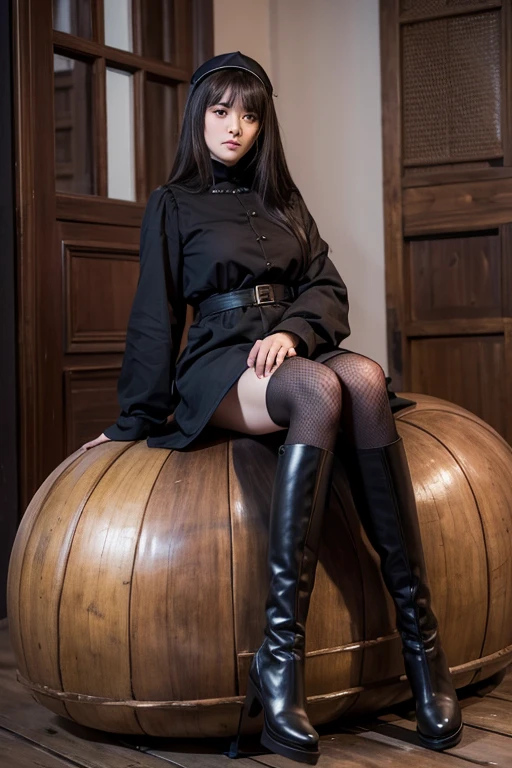 realistic photo of a man fucking in the ass a soaked and sweaty completly clothed betty page smiling looking woman  of 45 years old with and blue eyes and a large black cloak over a black  coat soft black gloves and a long covering all legs cotton skirt on the edge of a montain and the photo is taken from up front flirting with the camera, she want to make love,