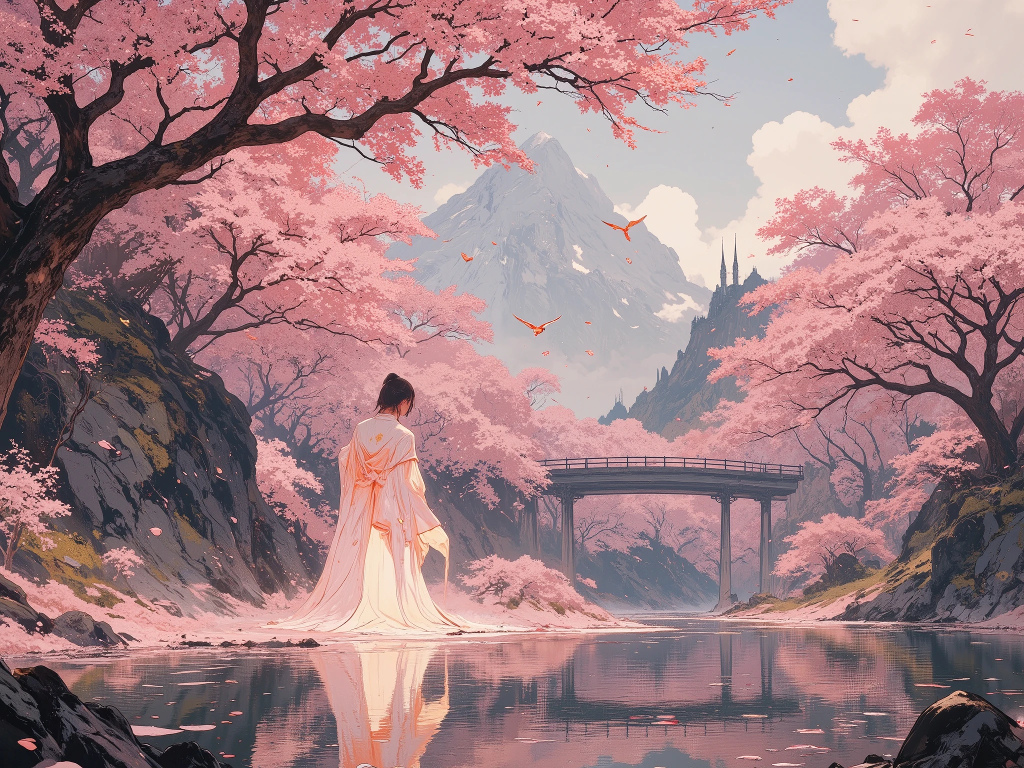 "Fantasy-style (ethereal cherry blossom paradise:1.4), an endless sea of sakura trees stretching as far as the eye can see, their petals glowing softly in pastel shades of pink and white (magical glow:1.3). Floating cherry blossom islands drift gracefully above the ocean, connected by shimmering crystal bridges reflecting the golden light of the setting sun. Gentle sakura petals rain down from the sky like snow, creating a surreal and tranquil atmosphere. (Atmospheric details:1.2) include sparkling waters with pink reflections, koi fish swimming between the blossoms, and glowing birds soaring gently through the breeze. A humanoid figure, radiant and adorned in sakura-inspired attire, stands at the center of the scene, surrounded by swirling petals. Style: hyper-detailed, cinematic lighting, soft textures, vibrant and calming tones."