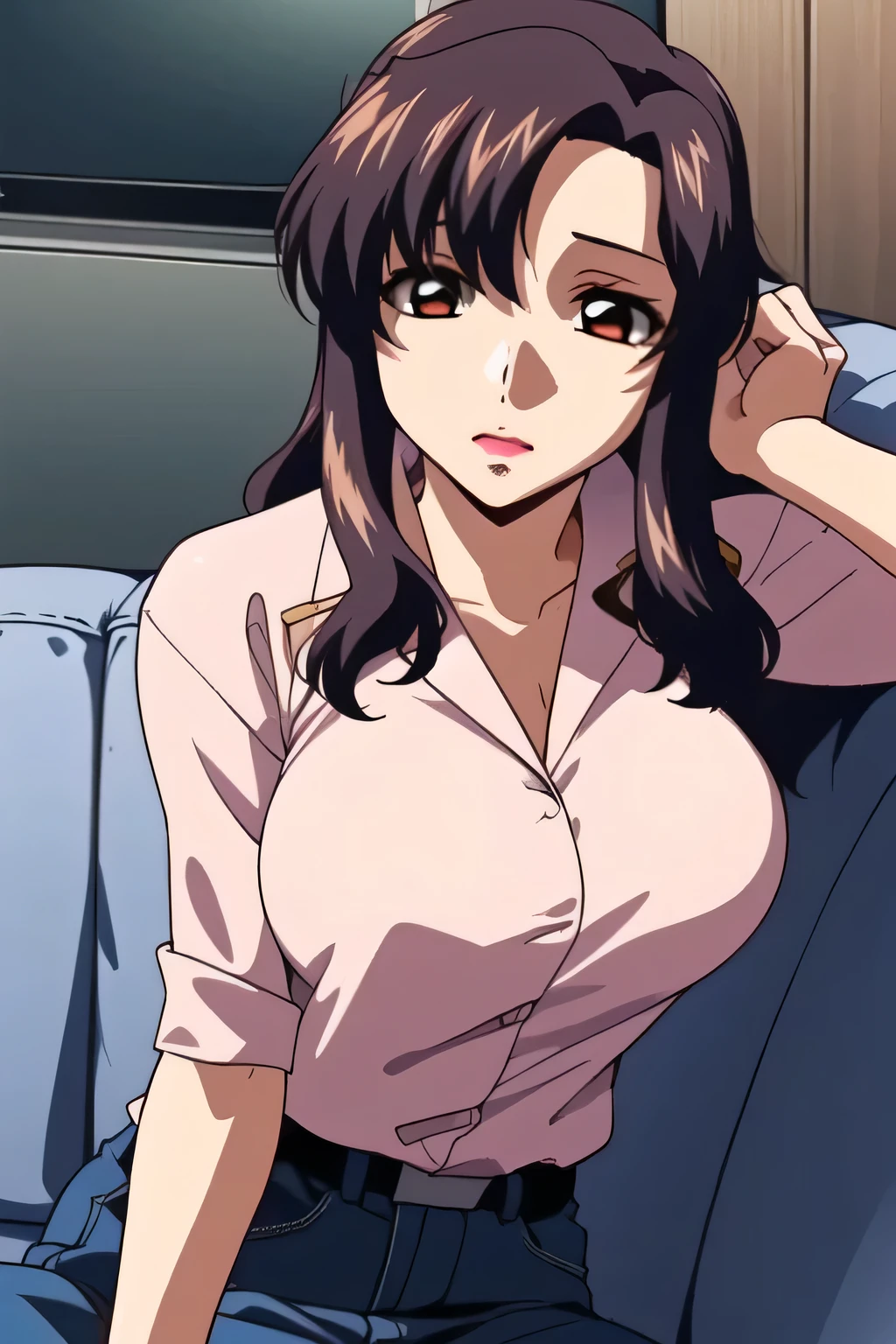 (Please draw facial expressions more delicately),(pink shirt),(navy blue jeans)(blue panties),The work is 、horror-themed styleの 、horror-themed style 、this alone is amazing, but、I'm surprised too, don't prepare your face for work {X},pink shirt,navy blue jeansを履いている, lying on the couch , big black wavy hair, , Big Breasts, thin waist in the video department , , ,A woman with sex appeal close to 40 years old,