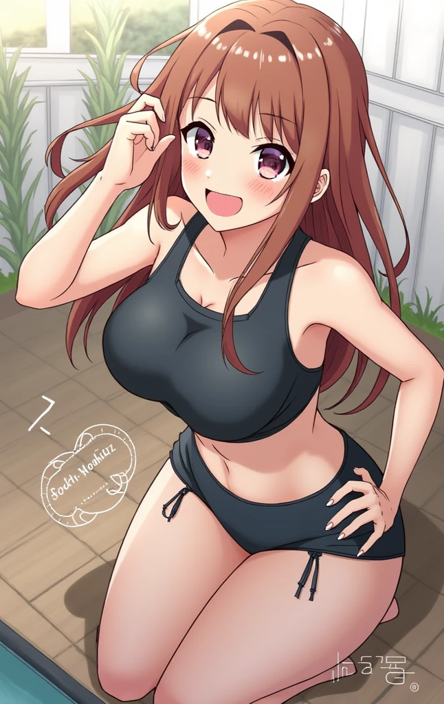 Girl，alone，Baby Face，(Very short stature)，Big Tits Cowboy Shot，twin tails，(Sunburnした肌，Sunburn)，Brown Hair, bikini，Mischievous smile,brown_eye,h striped panties，Thigh straps，My Room，Cute female brat，Bruises and gestures