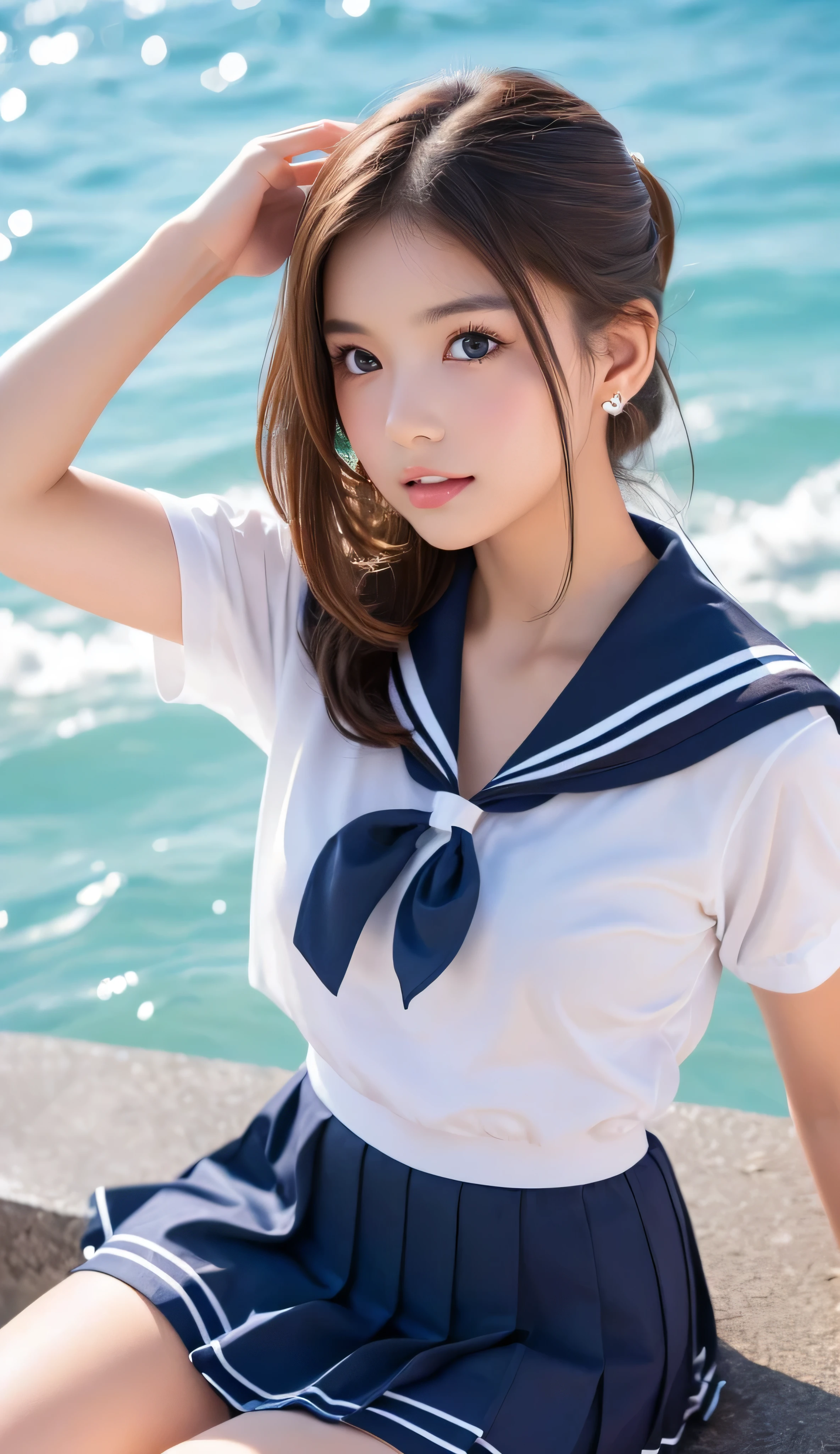 ((top-quality、8k、masterpiece:1.3))、Beautiful woman with perfect body shape:1.4、((Brown hair、huge tit:1.2))、Put your arms behind your head、(((Sailor suit with short sleeves、a miniskirt)))、On the beach、Highly detailed facial and skin texture、A detailed eye、二重まぶた