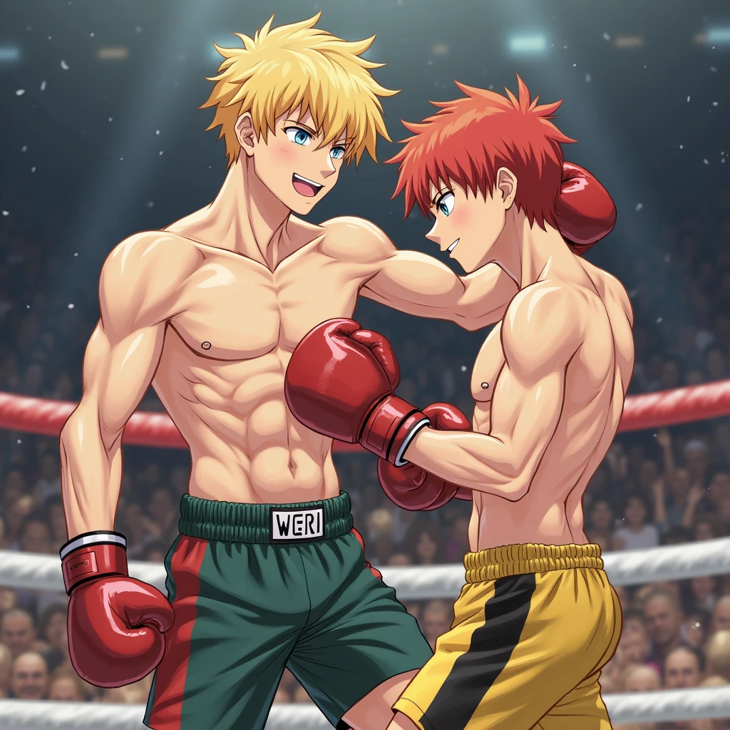 (​masterpiece, best quality), Intricate detailing, 8K, artstation, side chest, son Gohan, Teen Bodybuilder, 14 years old, blonde hair, posing bis muscles in underwear, barefoot, Buff muscle Body,  fight against trunks, 16 yers old teen bodybuilder with dark pink hair, wrestling fight dominating, wrestling fight won