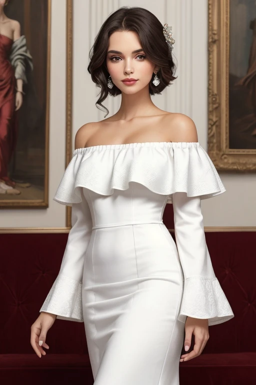 glamorous photo of a captivating masterpiece of an woman in a (((white neckholder dress made of silk with turtleneck and cleavage))) ,long earrings, necklace, half body, The intricate lace and gold details exude a very rebellious aura. ((The use of high-shine gloss adds a touch of glamour to the look)), ((while the deep red and black hues give it a dramatic vibe)), dark blurred background, studio ligthing, facing camera, shallow depth of field, <lora:MS_VenusValencia_V1_SDXL:0.8>, high fashion, luxurious, extravagant, stylish, sensual, opulent, elegance, stunning beauty, professional, high contrast, detailed,