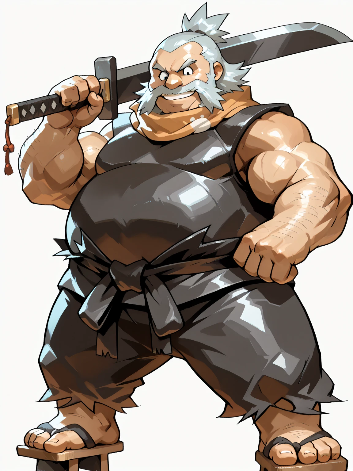 （（（One Japanese old man））），smile，Long eyebrows，long unkempt gray hair，Unkempt beard，（（Chubby round face））），The head is a little big，big round nose，full body， Immortal ，masterpiece,high quality work,great quality，  old man  ，hairy，my thighs are thick，big round glasses，Sturdy chubby body，An elderly ninja，  round face， Shiny Skin，Strong legs have thick ankles，Big Feet，I'm wearing ripped karate pants，Wearing geta，Frame scarf， ninja clothes，big thick square fingers，Muscular limbs，holding a samurai sword，long pants ，strong hands，strong fingers，Five fingers，Shapely hands，shapely legs ，black armor covering the left arm