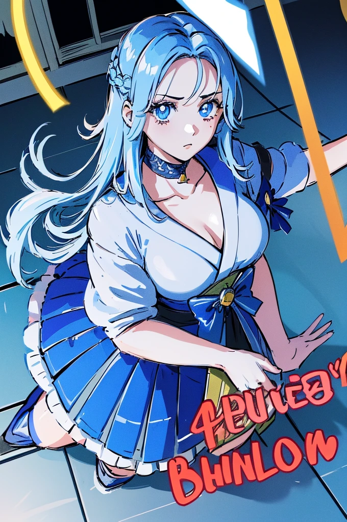masterpiece,best quality,highres,ultra-detailed,ccnejire,blue eyes,blue hair,long hair,large breasts,cleavage,dress,aqua dress,sleeveless dress,short dress,collarbone,bracelet,anklet,high heels,<lora:hadou_nejire:0.8>,indoors,stage,stage lights,standing,waving,:d,