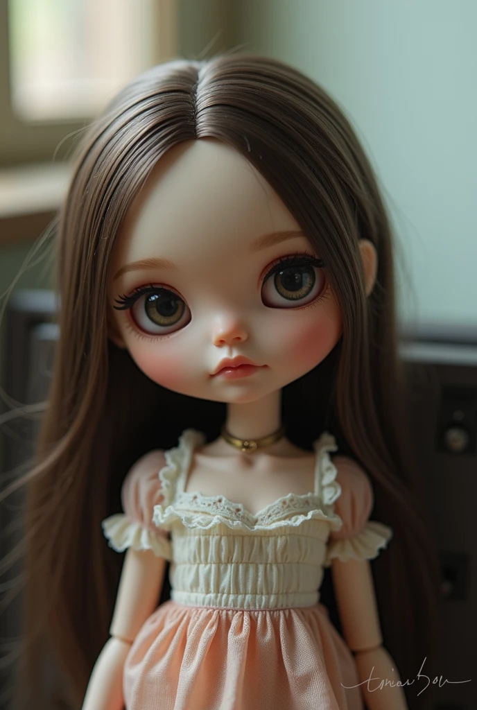a blythe doll whit a brown eyes, straight hair, fine lips, fine nose, eyelashes