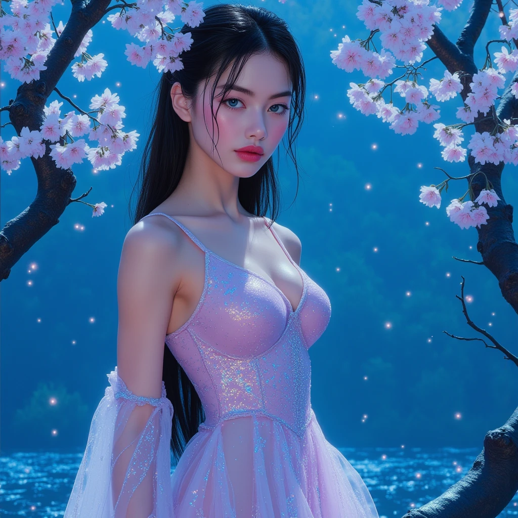 bioluminescent dress
butterfly dress（quality improvement：1.4），1girl, Full breasts，Visible cleavage，Sexy long legs，The skirt is short，She gently lifted her skirt with one hand,Surrounded by white Phalaenopsis orchids，Lilac dendrobium、White Lily, Flying petals，（Top quality leather), Delicate face,Black Hair, Gradient hair, Body,（Body1.1）, He has a precious gem on his forehead., Shining Student，Long eyelashes,Smile, Surrealism, Movie Lighting, Projection Insertion, Surrealism, Ultra HD, masterpiece，lie，Keep dreaming，Open your legs slightly.，Tattoo，Fantasy Space，Luxurious space，Exquisite makeup，Blush，Shy expression