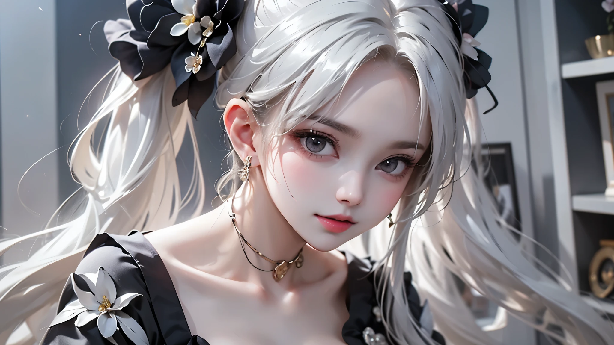 Black and White Color Schemes , Sexy Girl Working At A Flower Shop ,beautiful , small,Silvery Curly Hair、portrait、Upper body above lower back