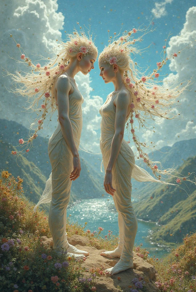 alone in the universe, Paint in watercolor style, Photorealism, discreet golden and ruby and mint shades, (nude) gentle modest thin girl (with a very beautiful exquisite face) with tender nipples with blond hair walking barefoot in the distance (around the southern town) early morning (along the houses), (in profile)