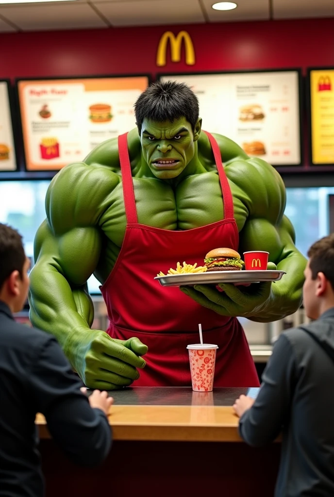 I want an image of the Hulk dressed as a waiter with a tray in his hand