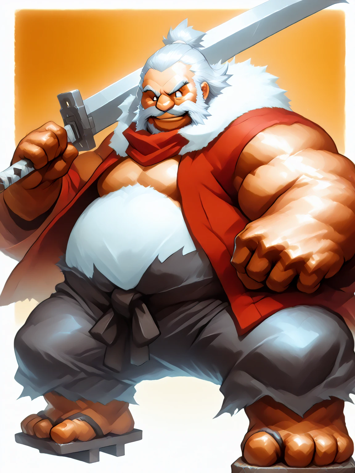 A burly, virile, and hairy dragon, exuding the irresistible charm of a himbo muscle daddy. His middle-aged features, adorned by a long, bushy beard and a thick mustache, reveal a life of experience and adventure. His body, sculpted into a warrior's build and a bodybuilder's physique, is a testament to his unyielding dedication to physical fitness. The hair on his chest and belly forms a carpet of thick fur, while his hairy arms and legs are adorned with a natural, untamed layer of hirsute. Every muscle on his overmuscular and musclebound frame is defined and bulging, veins pulsing beneath the surface, hinting at his incredible strength. Despite his advanced age, his grey hair only adds to his handsome and dreamy appearance.