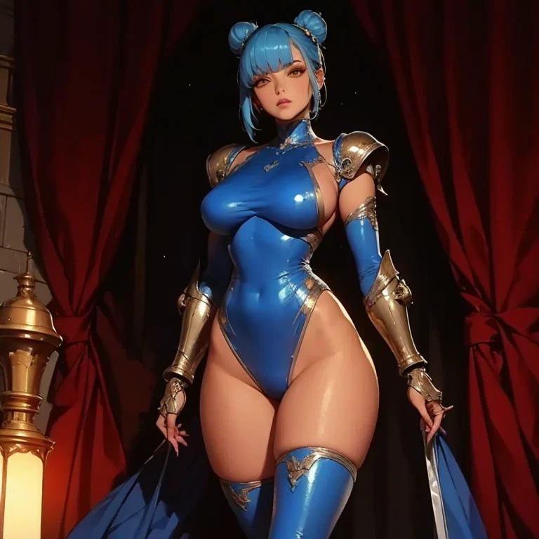((best quality)), ((masterpiece)), (detailed), perfect face, young adult girl 16 year old, green hair, white eyes, single thighhigh, thigh strap, long sleeves, clothing cutout, capelet, gloves, looking at viewer, hand on hip, mature female,gigantic breasts,big asa,white skin, jewelry, wet tight suit amor dress,blue red and black dress,black and blue armor,8k, super detail, ccurate,half naked,Bare shoulder,holding the dark magic spear ,whole body wet,Gold bracelet on leg,thunder magic, yellow and white flaming eye, blue aura,wet body,white milk on breasts,open hip,tight body,show breasts,The tight outfit clearly shows every detail of the body
