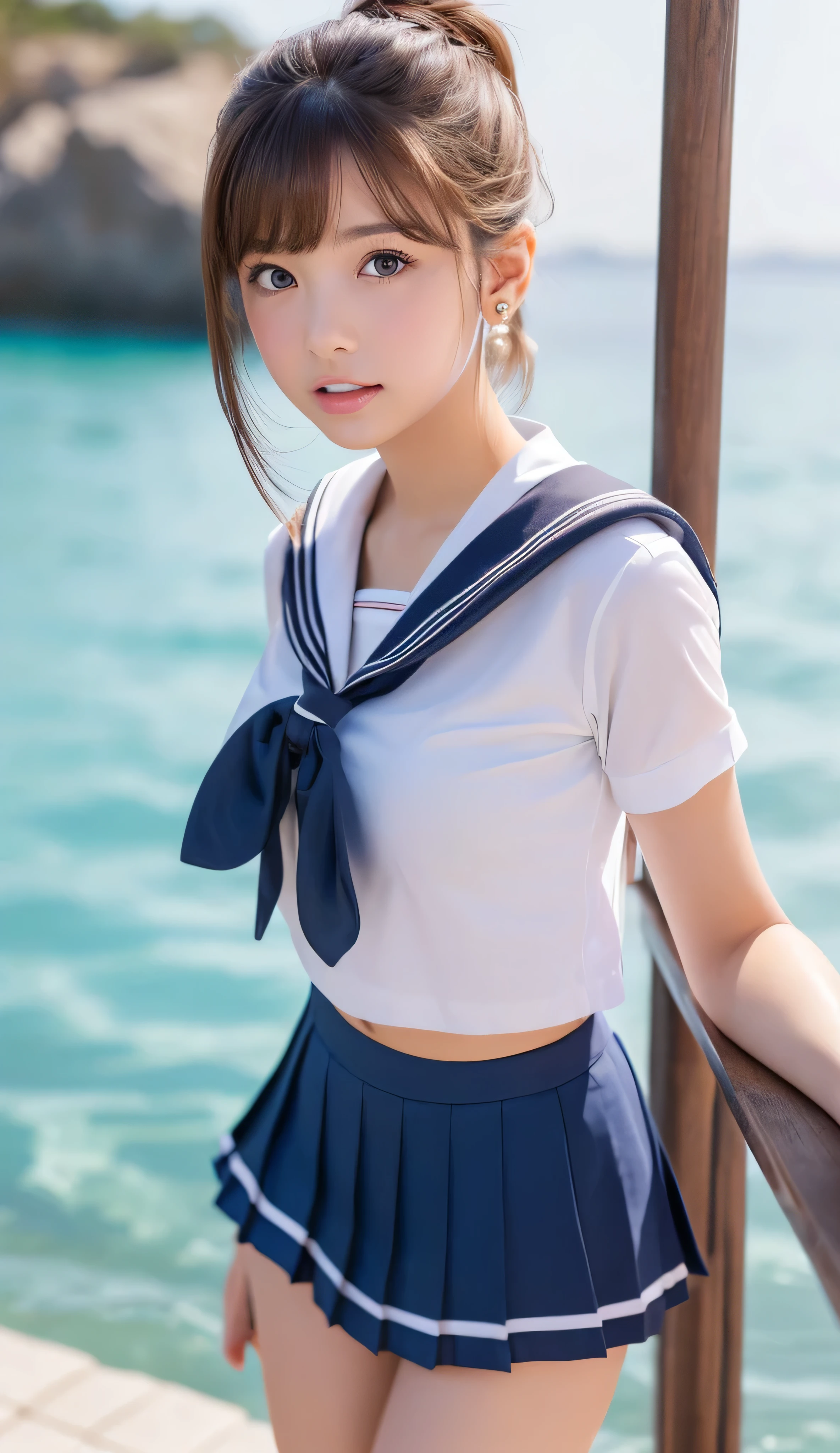 (best quality, 8k, 32k, masterpiece, UHD:1.2), (RAW photo), (realistic), (photorealistic:1.2), (high resolution), huge filesize, ultra-detailed, extremely beautiful face & eyes, 1girl, japanese elementary school student,14yo, 13yo, 12yo, round small face, baby face, thin waist, beautiful belly skin, large breasts, slim proportions, perfect thin thighs, small butt, (darkblue pleated mini skirt, japanese sailor, sailor fuku, serafuku, japanese school sailor suit, sailor red neckerchief), nice hands, perfect hands, accurate hand depiction, sweaty, shy smile, pure white teeth, from below, (blue sky, summer, sun, beach, palm tree, outdoors),