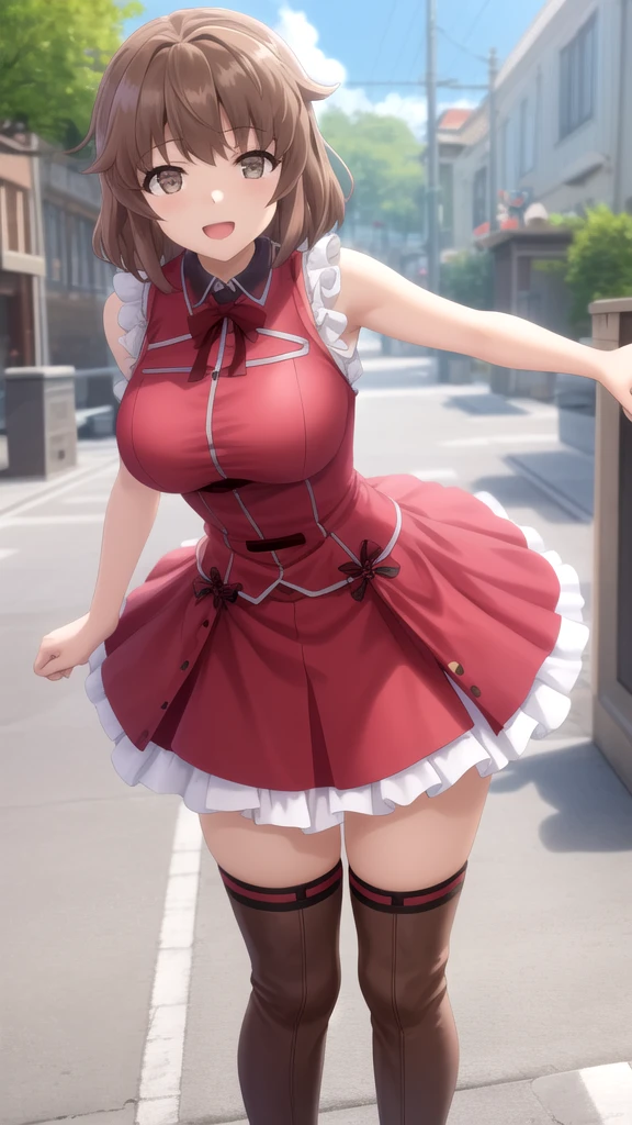 (solo 1 skinny young girl), (dark red short hair), (short dress:1.2), (plunging neckline), wiry corset (emphasize cleavage), very short torso, (inconceivably thin narrow waist), short (brown capelet), BREAK, (very short brown skirt:1.2), emphasize thigh gap, thin long legs, BREAK, 12th Century Europe