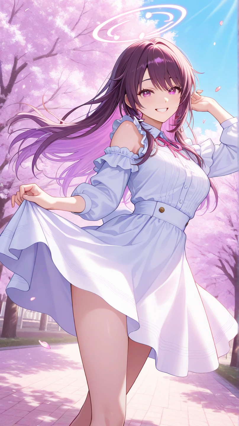 小さなgirl、The arrival of spring、hip shot、thick thighs、thick thighs、 big ass、chest is small、(alone:1.5,)Super detailed,bright colors, very beautiful detailed anime face and eyes, back view、 shiny_skin,girl, ((Purple long hair,Inner color is red 、forehead is exposed.、green eyes、、shiny hair, delicate beautiful face, blush、(turquoise eyes), White skin, Valletta, earrings,、blue flower field、(((Floral pink、See-through、shirt、tight、check、white tight skirt)))、twin tails、smile、happy face、face dyed red