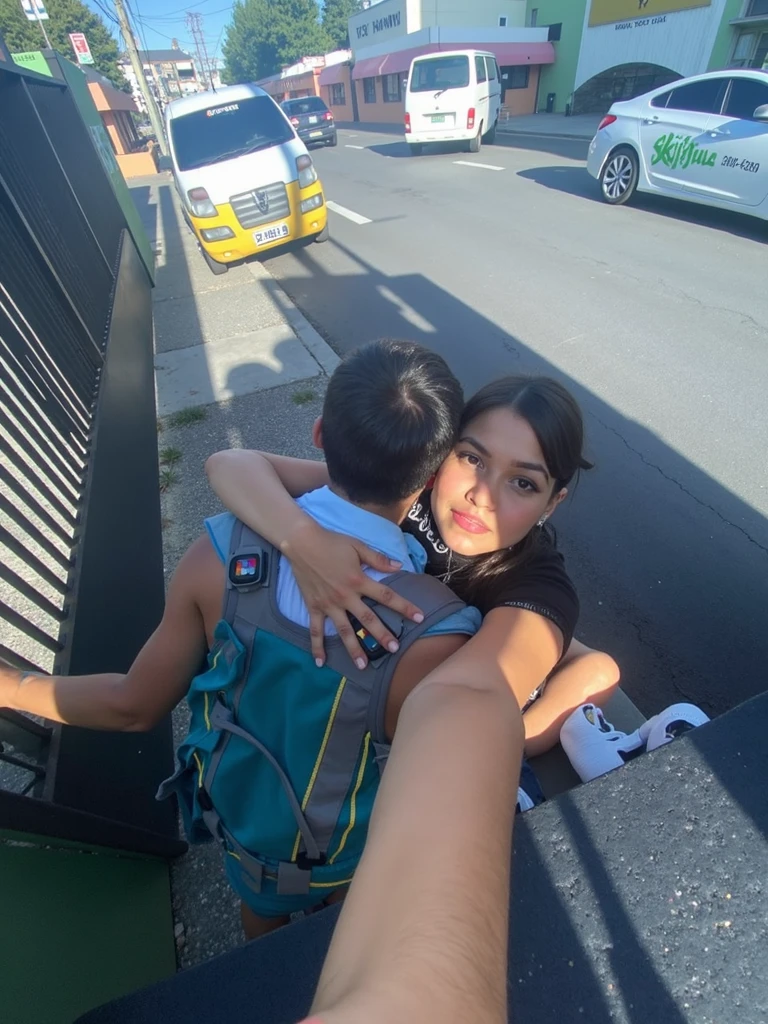there is a woman sitting on a bench with a helmet, still from a music video, making of, very artistic pose, videoclipe, clipe estendido, pose de casal, Postagem 4k, 4 k post, A cena mais bonita, video still, Directed by: Nandor Soldier, Directed by: Milton Menasco, com uma cidade em segundo plano, Photo Session