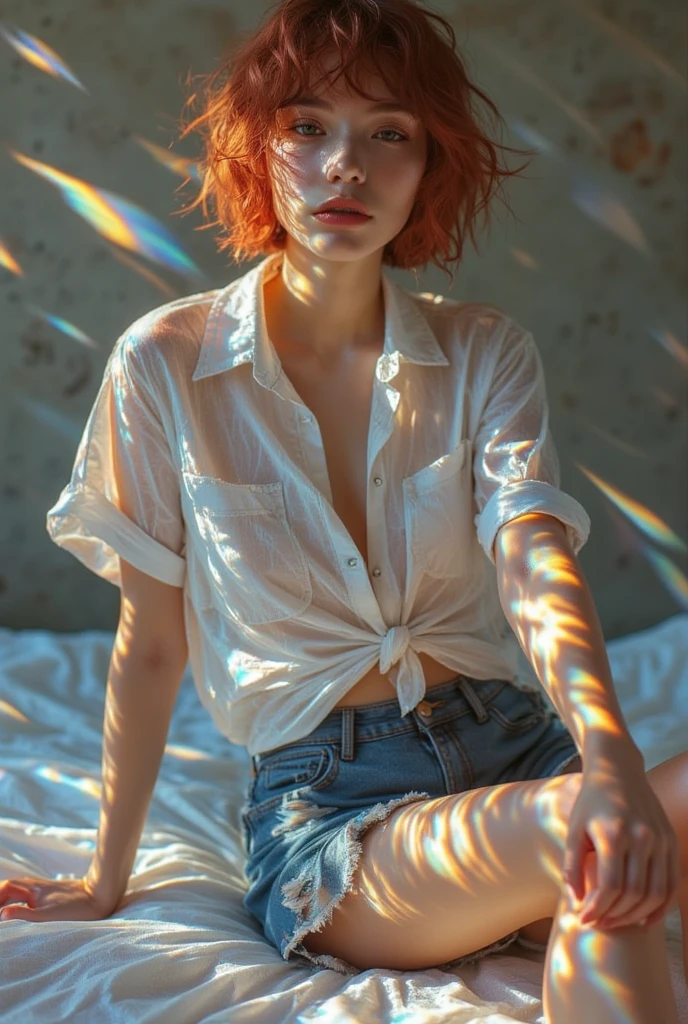 a portrait of a (soaking wet of a milk:1.2) redhead, freckles teacher is sitting on a porch, white shirt, visible through the white top t-shirt, slate atmosphere, cinematic, dimmed colors, dark shot, muted colors, film grainy, lut, insane details, intricate details, hyperdetailed, closeup, twilight