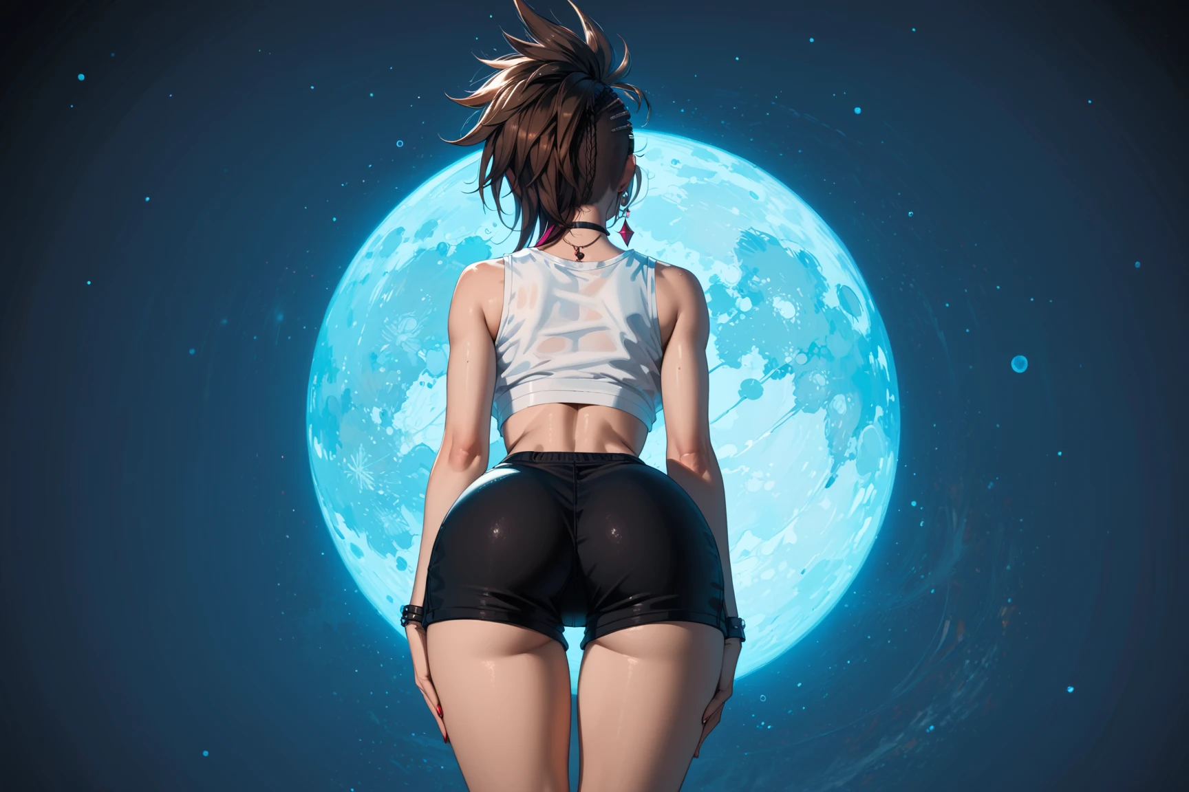 NSFW, 8K,High -level, absurd, masterpiece, best quality, primitive, very detailed CG, very detailed wallpaper, VolumetricLighting, LifeLike Shading, Extremely detailed (((The personification of Red Moon))), RoundlyButts, ThighGap, MysticSight, Tyndall effect, Tyndall scattering, (Acutance:0.86), (EXPOSED:0.1), (ZoomedOut, Assfocus with ((looking ahead)), From diagonally behind:1.6), from below, (She Standing in the air:1.45) Above clouds, Looking down colored clouds, Starly Dusk Sky, Stars, Meteors, RainbowColored Curved Horizon, (Don't look back:2)