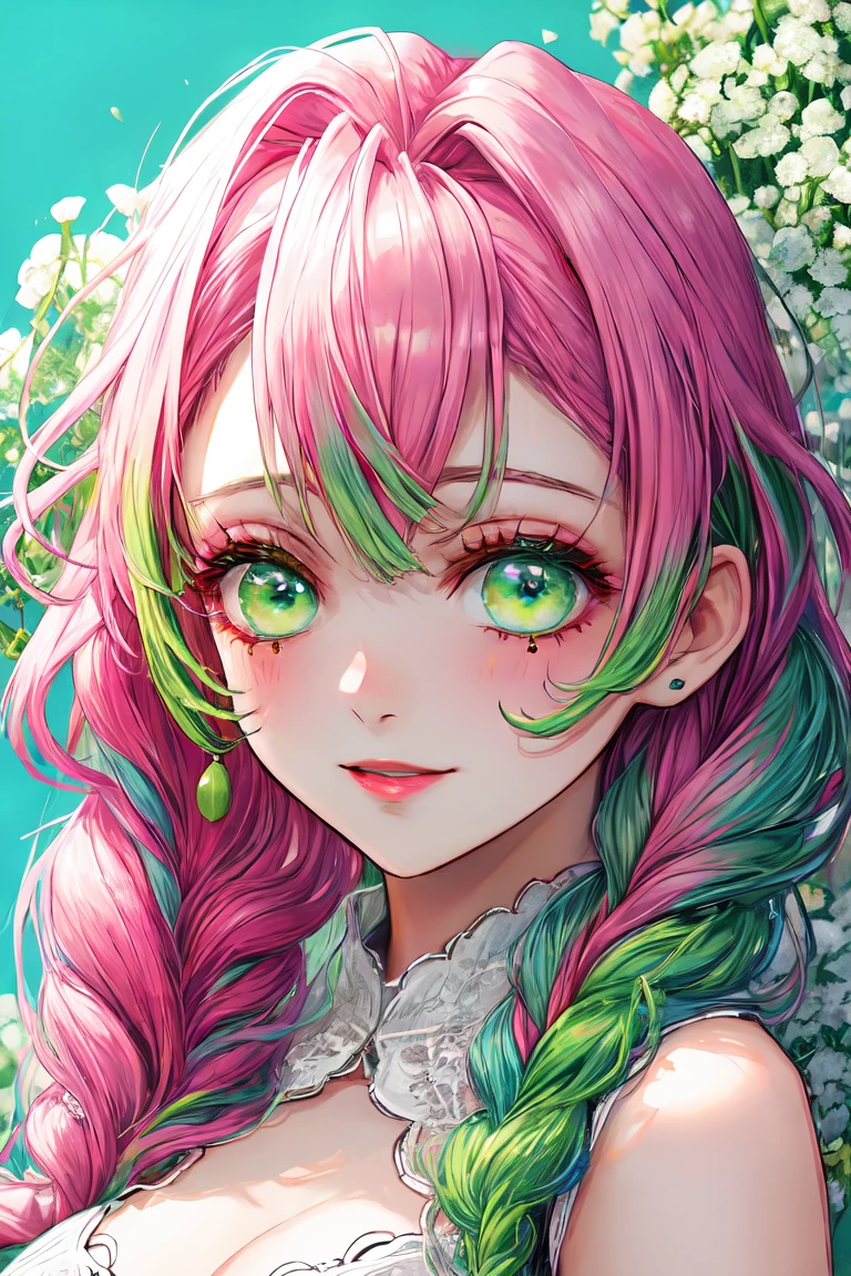 Convert your flower art into a hand-drawn illustration.、Create backgrounds with vibrant colors and unique touches　The type of flower is statice、Gypsophila、sweet pea、Mix in some lace flowers, portrait, face portrait, big breasts, cleavage, pink hair, green eyes, (green highlights), green braids, 