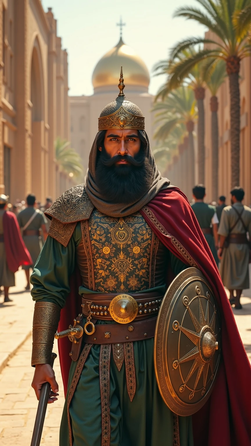 (masterpiece:1.2), (best quality,:1.2), 8k, HDR, ultra detailed, ((photorealistic)), professional light, cinematic lighting, fashion photography, ambient lighting, an arabian male warrior with beard, wearing arabian chainmail armor, cloak, belt, ArAr, <lora:ArabianArmor-10:0.7>, in a street with arabian houses, arto, <lora:ArabianTown-10:0.8>, ((perfect hands)), epiCPhoto