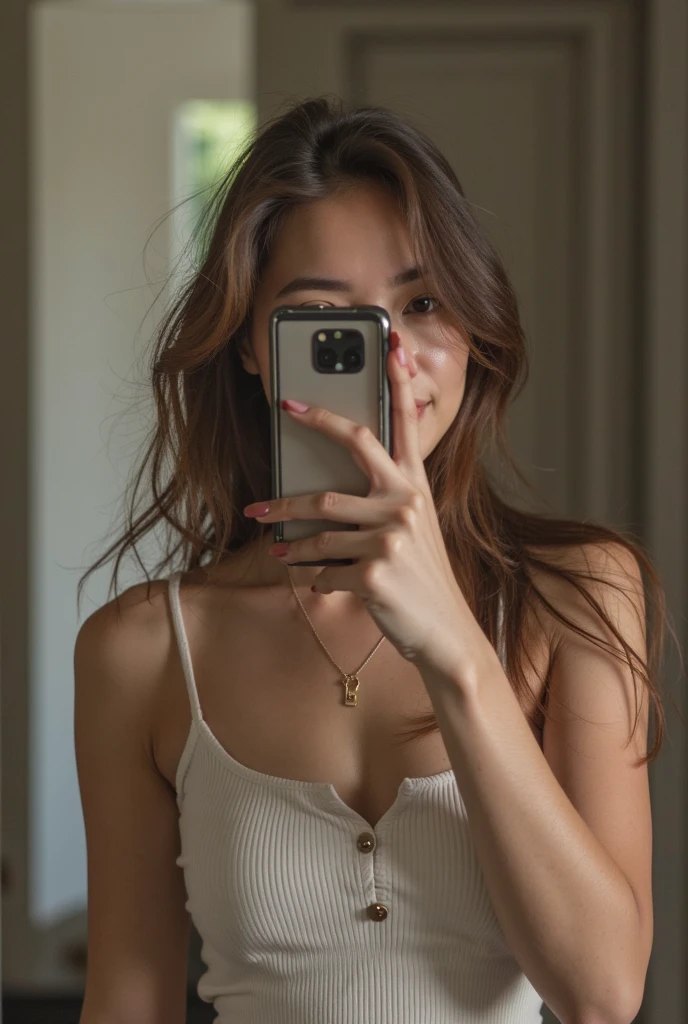 Blonde girl 18 years old beautiful and slim face, (small waist 1.0) , senos redondos, (delgada 1.5) vestida con una (remera color azul1.5) de mangas cortas ((((taking a photo in the mirror with your cell phone)))) ultra realista hd
