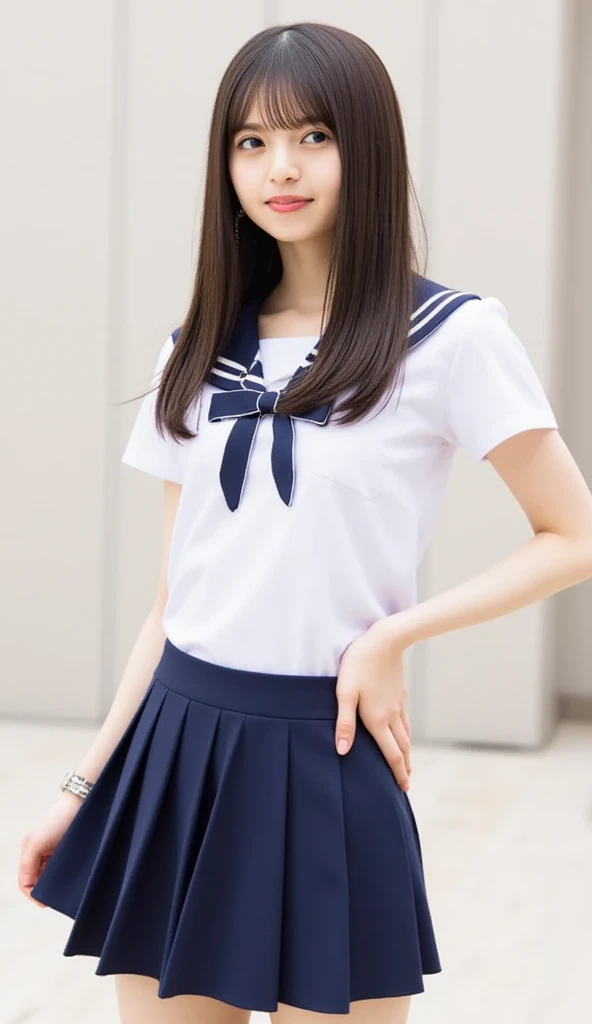 junior high school student、japanese young girl、uniform、the wind is blowing、flaps skirt、small and flat chest、short hair、high detail face、high detail skin、High level image quality、look at viewer、Crouching and show off panties、sit on the beach、open legs