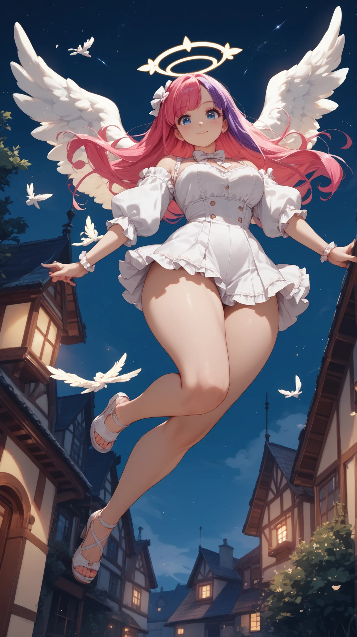 ((Highest quality)),(Ultra-high resolution),(Very detailed),(Detailed Description),((The best CG)),(A masterpiece),Ultra-detailed art,Amazing painting art,(Works with precise details:1.5), (1 female:1.6),(Beautiful and well-proportioned face:1.5),(Curly Hair:1.6),(Intricately detailed lace dress:1.8),Fine jewellery with exquisite detailing:1.5,Waist Accessories:1.5,Look at me and smile:1.5, See-through nipples, Angel Girl, (Magnificent white angel wings on his back:1.2), Mature Woman,Descended into the church,(Pastel colored hair:1.3),(Red and black long high heel boots:1.4), (garter belt), (stockings)、 (Floating in the sky with magical powers:1.2),(Floating skirt:1.5), (Embarrassed expression, blush:1.2),(bracelet),(heart choker)