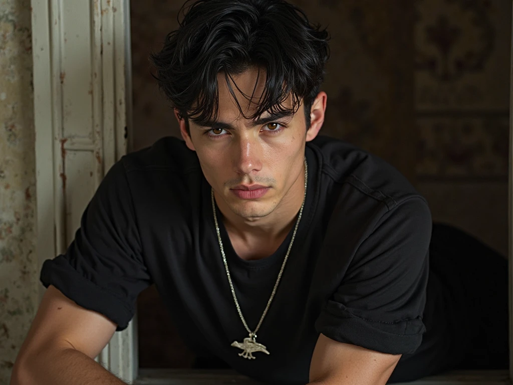 Man sitting in a chair, His hair color is black, the one in his eyes too, his face is outlined, short hair , dominant and serious look. A little muscular and serious