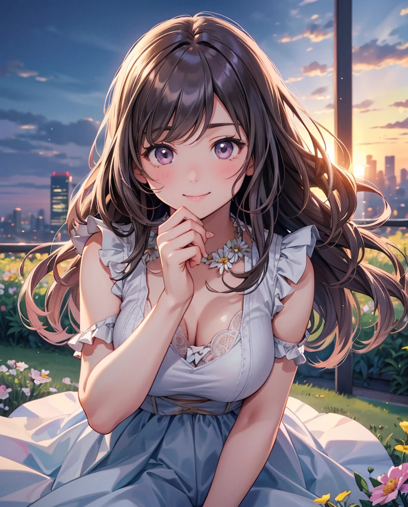 (highest quality, masterpiece, RAW photo,super detailed:1.2), 1 girl ,looking at the viewer, smile,rooftop, From above, city,