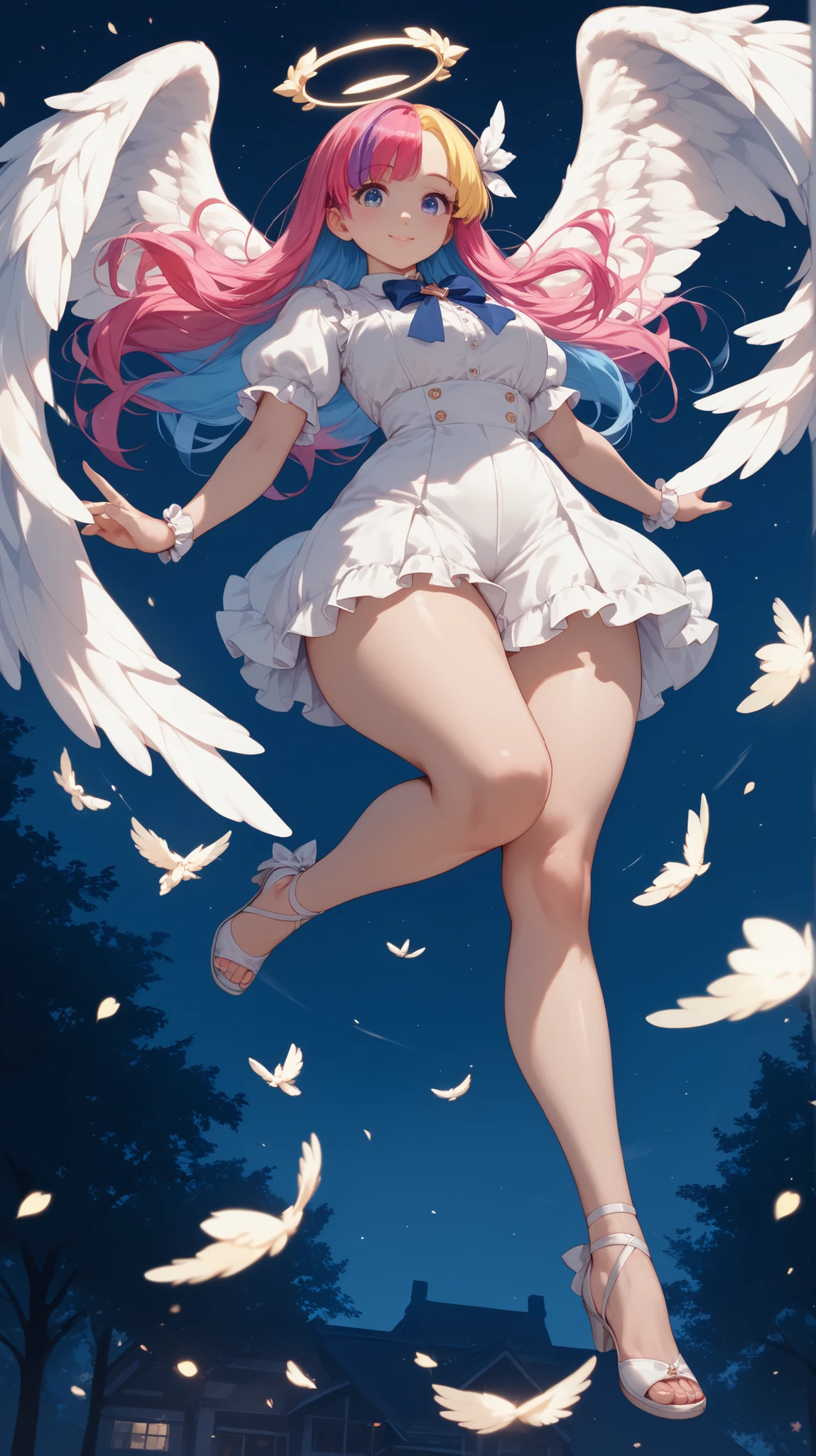(masterpiece:1.3), (absurdres:1.3), (best quality:1.3), (ultra-detailed:1.3), snow, (((Snowfield))), full body, waving, smile, 1girl, nagisa-fi, halo, white wings, long sleeves, white dress, sailor collar, capelet, white skirt, black pantyhose, white high heels,Big angel wings、Big Wings、Floating in the sky、Floating in the air、Ultra-slim legs、((Amazingly cute))、White panties are visible、Wears thin-framed glassey panties are stained with my love juices、Glasses、Leaking pee、