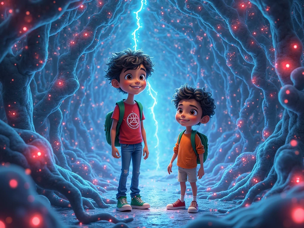 there are two boys that are holding a light bulb, imagem promocional do filme, promotional image, Imagem promocional, arte promocional, next gen, verde brilhante, brilho verde, Programa de TV, olhos verdes brilhantes, arte chave, Brilho Verde, neon verde, olhos verdes sobrenaturais, Direction: Fernando Gerassi, photo render, enigmatic!!, Cor ainda, imagem renderizada