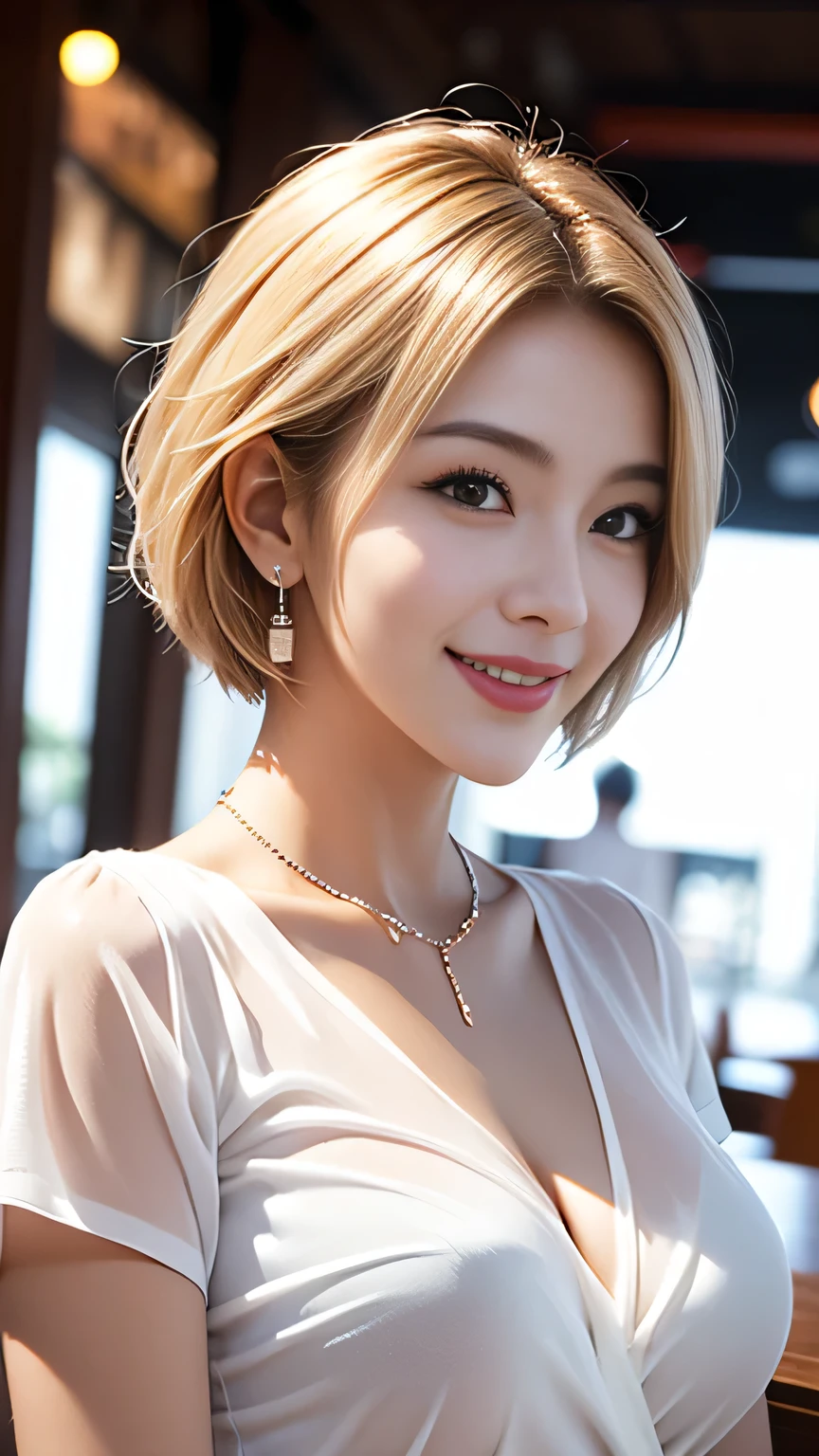 Realistic, masterpiece, Highest quality, (Tree-lined street, The background is blurred:1.3), (One girl:1.3), Photo of a woman smiling happily, (Droopy eyes:1.3), Beautiful and exquisite, (Dark Eyes:1.3), Long eyelashes, Eyelash extensions, (Hidden eyelid wrinkles:1.3), (blonde, short hair, middle part:1.3), (Swimsuit), (Full body portrait:1.3)、Stick your butt out、Your butt is completely visible