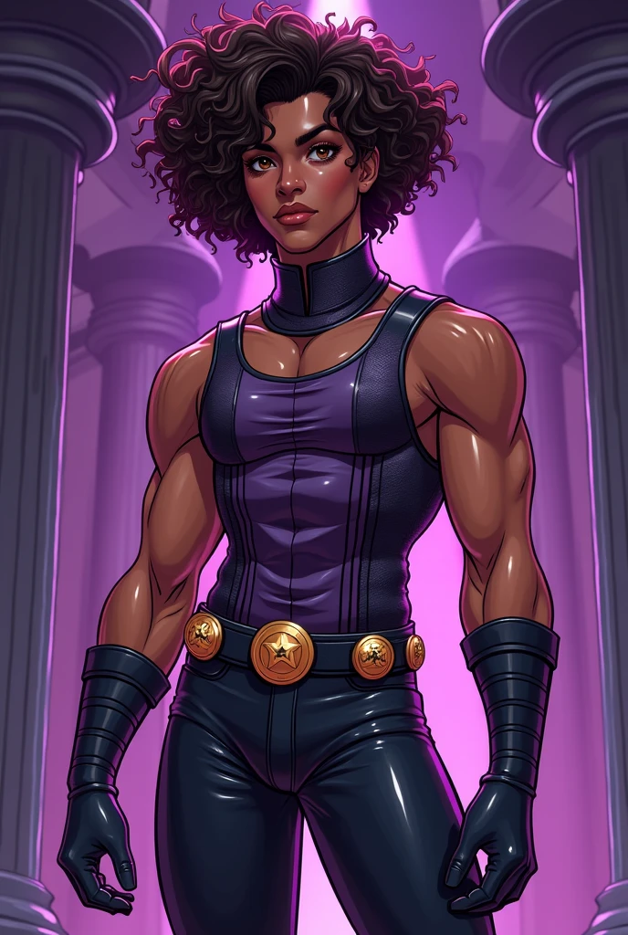thick african american female superheroine, beautiful big hair, wearing gloves, purple costume, big breasts, shoulder length black curly hair, perfect body, african american skin, natural skin, perfect face, hd, 4k, 8k. Female superheroine Moonlight captured by villains who pplace suction cups on her G-size breast, exploiting her one weakness of overstimulation to erogenous zones.