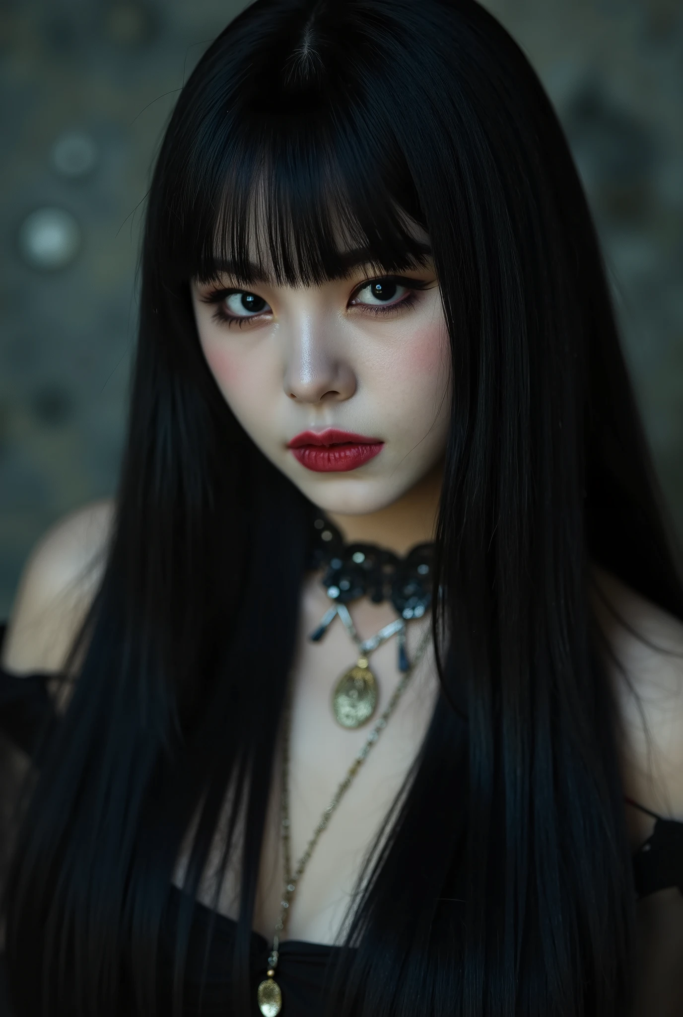 Beautiful girl with straight long hair black with bangs, goth clothes with neckline, makeup black and fangs, wh3ein