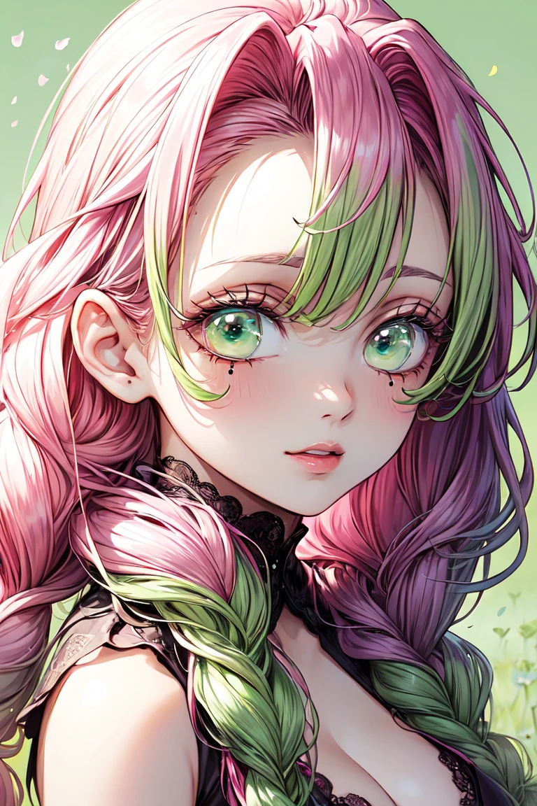Convert your flower art into a hand-drawn illustration.、Create backgrounds with vibrant colors and unique touches The type of flower is statice、Gypsophila、sweet pea、Mix in some lace flowers, portrait, face portrait, big breasts, cleavage, pink hair, green eyes, (green highlights), green braids,