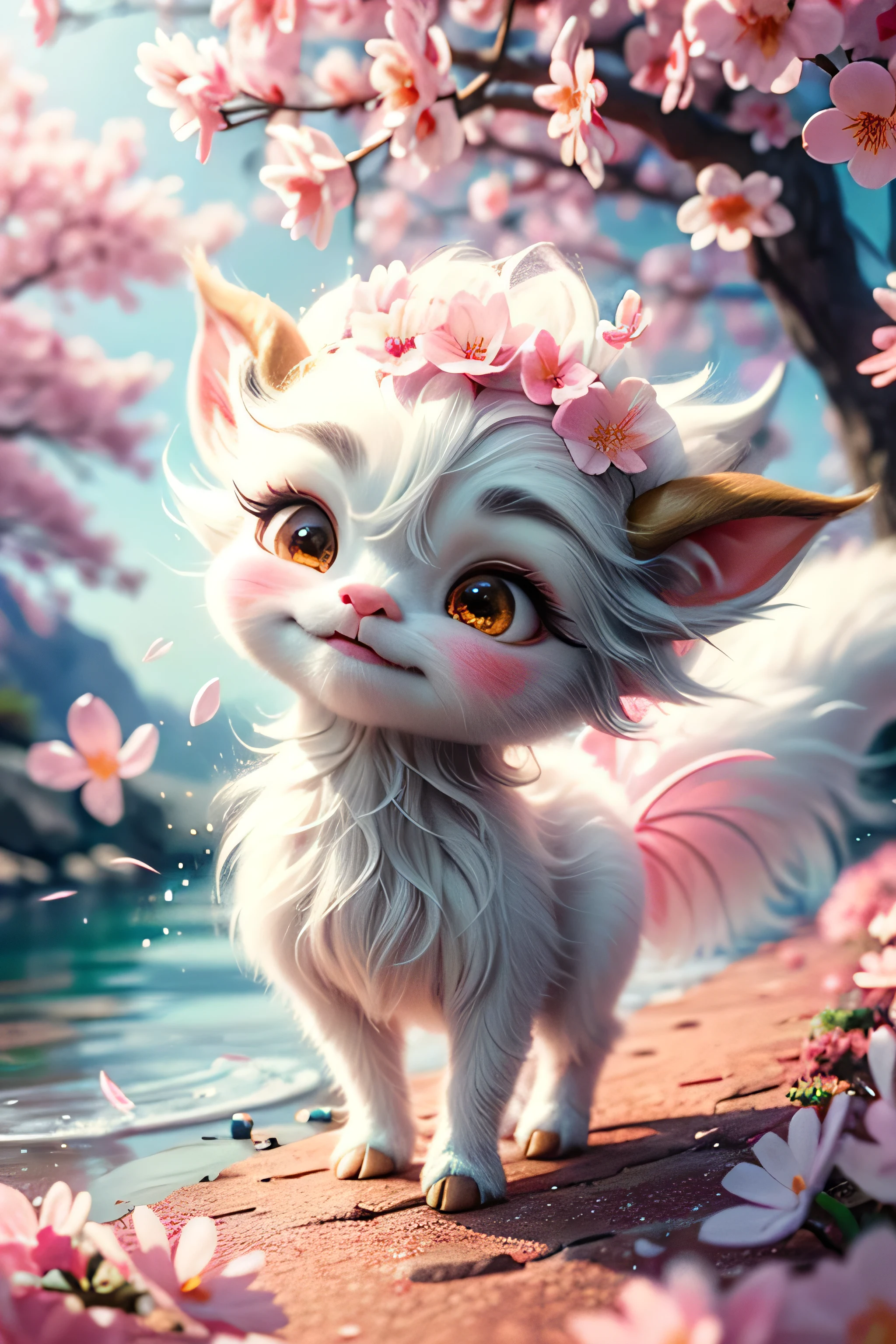 whimsical airbrush and oil painting, best angle of a Very cute pink ethereal shimmering mythical graceful transparent anthropomorphic furry satyr holds a sakura flower, thin paws, fragile legs, pink satyr spirit, Mystical Sakura Sea where sakura tree grows and sakura blossoms are swirling in the air in a professional photograph by Awwchang :: Luis Royo :: WLOP :: Artgerm Lau :: Anne Stokes :: natural deep colors
