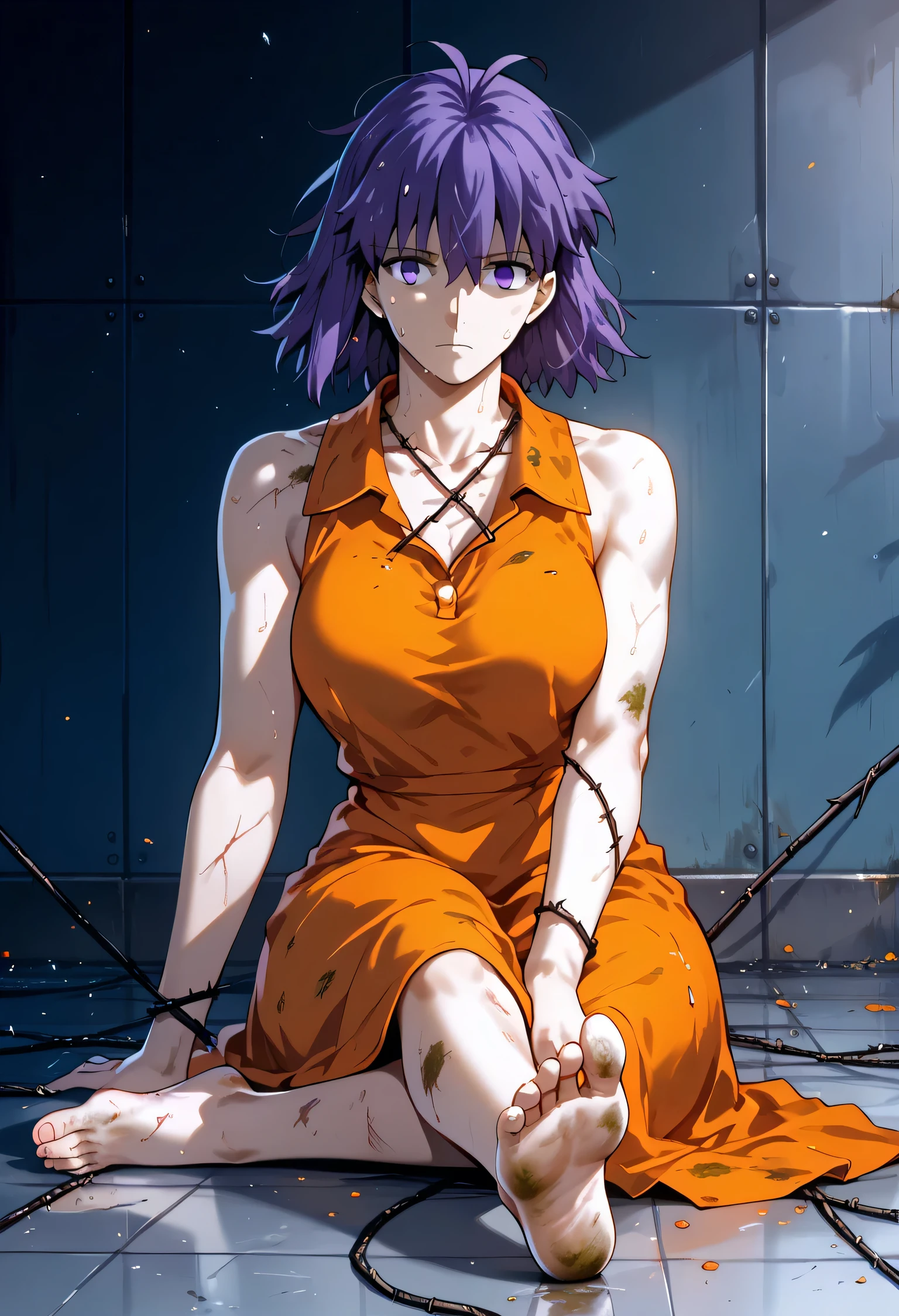 Sakura Matou, fate stay night: heaven's feel, a girl with. white skin, voluptuous body, beautiful body, purple hair (long, loose, and messy hair), purple eyes, (((wearing a short, sleeveless, maximum security inmate orange dress with the ID number: inmate: M13195 engraved on the chest))), ((maximum security prison recreation yard with large walls with barbed wire and watchtowers in a dirty and old state, and with an unpaved floor))), (((sitting on the floor facing forward with her legs stretched forward, raised and apart, focusing on her feet and the soles and toes))), (full body), (barefoot), (resigned mood), (tense and hot atmosphere), sunny day, (heat), ((dirty)), ((sweating)), (gloomy and depressing place)