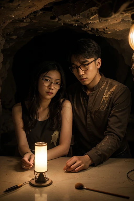 photograph of asian couples, (troubled facial expression), textured skin, goosebumps, black hair, plaid flannel shirt with distressed boyfriend jeans, cowboy shot, dark and mysterious cave with unique rock formations and hidden wonders, perfect eyes, (candlelight,chiaroscuro), Porta 160 color, shot on ARRI ALEXA 65, bokeh, sharp focus on subject, shot by Don McCullin