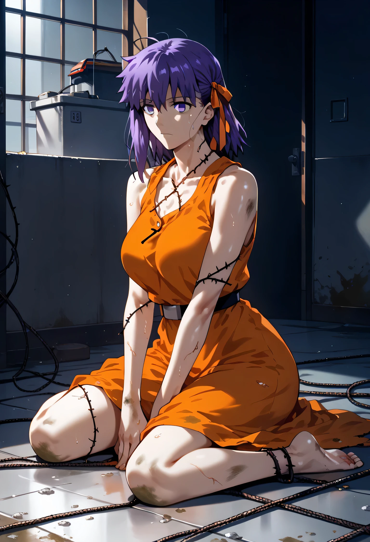 Sakura Matou, fate stay night: heaven's feel, a girl with. white skin, voluptuous body, beautiful body, purple hair (long, loose, and messy hair), purple eyes, (((wearing a short, sleeveless, maximum security inmate orange dress with the ID number: inmate: M13195 engraved on the chest))), ((maximum security prison recreation yard with large walls with barbed wire and watchtowers in a dirty and old state, and with an unpaved floor))), (((sitting on the floor facing forward with her legs stretched forward, raised and apart, focusing on her feet and the soles and toes))), (full body), (barefoot), (resigned mood), (tense and hot atmosphere), sunny day, (heat), ((dirty)), ((sweating)), (gloomy and depressing place)