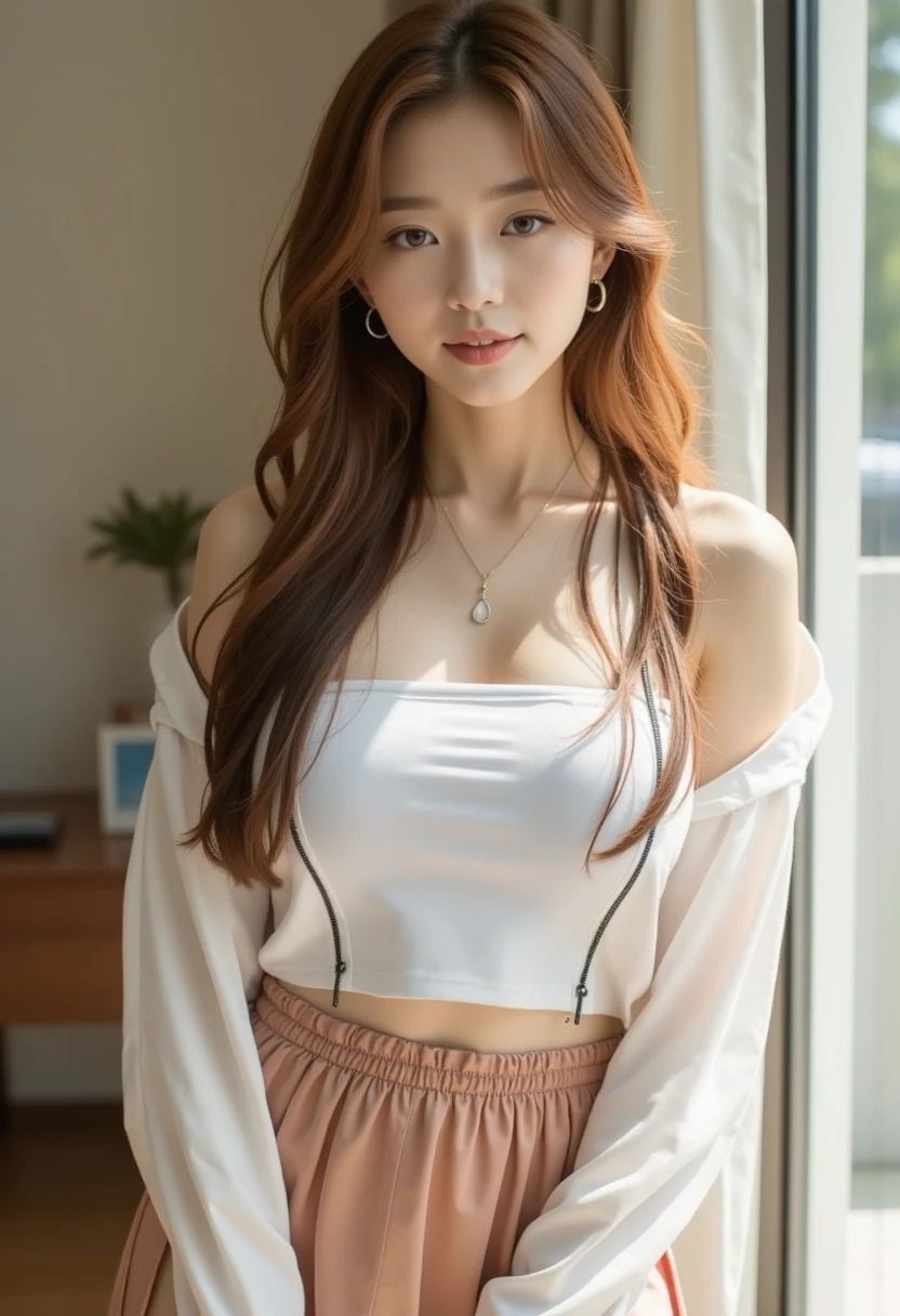 arafed asian woman in a white shirt and panties leaning against a wall, korean girl, korean woman, beautiful south korean woman, calvin klein photography, her belly button is exposed, korean women's fashion model, gorgeous young korean woman, inspired by Kim Deuk-sin, photo of slim girl model, sakimichan, thin waist, taejune kim, light red hair