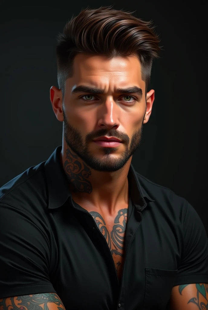 Masculine man. Very handsome, Full lips, straight nose, and a finely trimmed beard and mustache. Light blue eyes and messy black hair. Tattoos.