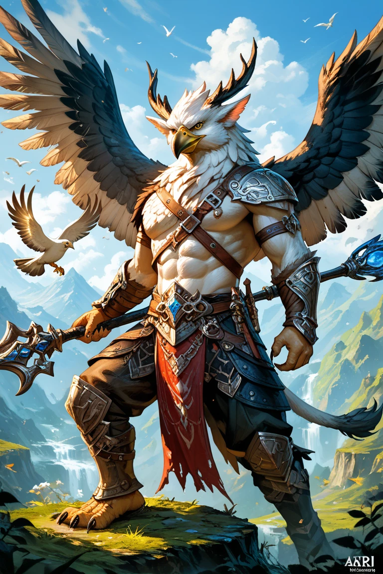 an anthro gryphon sitting on a flagpole during the day, ((nj5furry,daddy Griffin, pico halcón, solo, looking around, sitting on pole pose, masterpiece, anthro, male, avian, gryphon-face, short talons, black claws, clawed hands, slender body, three-tone feathers, white and brown and gold feathers, detailed feathers, feathered body, (feathered arms, large feathered wings), short tail feathers, small leather satchel)), calm expression, (gold eyes, (loose medieval-style drawstring pants: 1.4, loose medieval-style shirt: 1.4,)), forest background, ((sky background, large city background)), best quality,4k,8k,highres,masterpiece:1.2), ultra-detailed,(realistic,photorealistic,photo-realistic:1.37),drawn with colored pencils, richly detailed, traditional style landscapes, scenic beauty, beautifully detailed books, fine textures, soft and vibrant colors, sunlit atmosphere, tranquil and peaceful ambiance, impressionistic brush strokes, focus on foreground and background, depth and perspective, ethereal lighting effects, (full body camera angle, dynamic side camera angle)body, (photorealistic fur, detailed fur, chest in fur in white, epic, masterpiece:1.2), (detailed forest, jogging, sunshine:1.2), sexy shadows, (by echin, by Taran Fiddler, by takemoto arashi, by Traver009, by Juiceps), (detailed eyes:1.2), impressive physique, struggling, bothered face, exhausted, detailed yellow eyes, looking at camera, (close-up):1 ((fluffy fur, fluffy, detailed muscles)), (wolf print), brown body, detailed abs, color blue pavo real fur, detailed chest, huge pectorals, big muscles, yellow eyes, tail, detailed teeth, detailed face, detailed fur, detailed face, mono-colored body, glowing scales, detailed eyes, padded armor, tribal ceremony wear, armor, barbarian attire, full body, claws, (oasis kingdom), (by null-ghost,by raccoon21, masterpiece, high quality, hi-res,8k), standing,close-view portrait, looking at the viewer, outdoor, pose, calm, powerful,bulge,