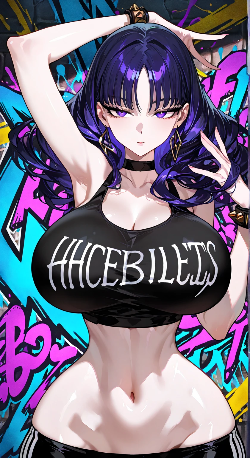 The most beautiful and sexy punk rock girls, rainbow colored hair, yellow eyes, wearing a hoodie, Graphic T-shirt and ripped skinny jeans, huge huge tits, showing cleavage, lots of tattoos and piercings, background doodle elements, perfect masterpiece, high quality, High resolution