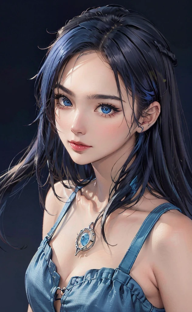 (masterpiece:1.4, Highest quality), (Intricate details), unity 8k wallpaper, Super detailed, beautifully、aesthetic, Perfect lighting, (One person), (Blue Hair, blue eye, Medium chest),, Dynamic pose, Dynamic Angle, lipstick, slim, slim body, Medium chest, , Detailed Background, Realistic, alone, Face in perfect detail, detailed eye, Very detailed, blush, hair ornaments, rolling_eye, squint,