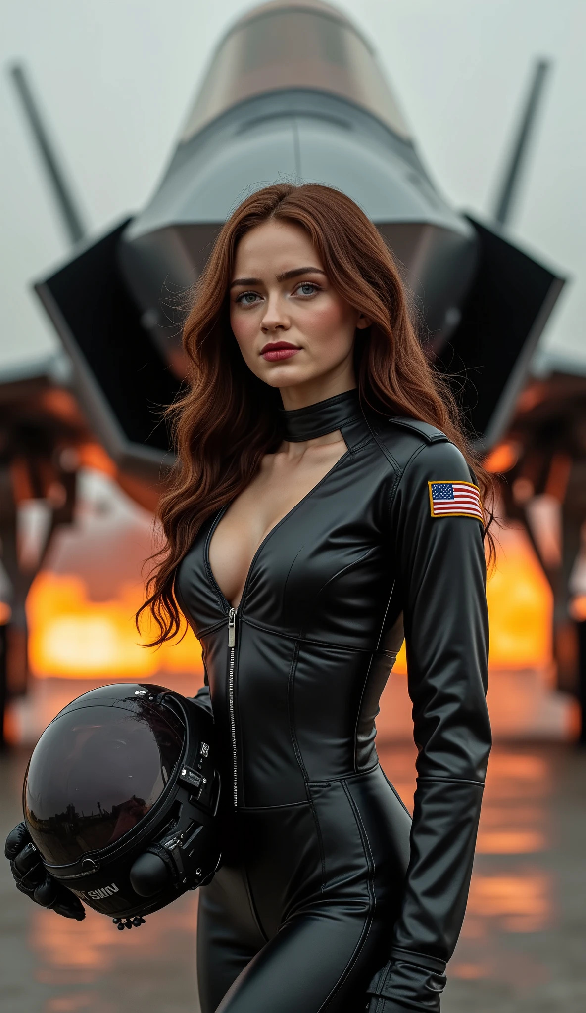 A breathtakingly beautiful female military jet pilot, radiating confidence and allure, stands in a commanding yet seductive pose, her captivating gaze locked directly on the viewer with a subtle, enchanting smile gracing her full lips. She wears a meticulously detailed, form-fitting jet fighter suit with a tastefully low neckline that hints at her voluptuous hourglass figure while maintaining an air of sophistication. The suit, rendered with photorealistic textures, features a bold military patch on the right side of her chest, just above her bust, embroidered with 'SINK' in sharp, tactical lettering. She cradles a sleek combat pilot helmet under one arm, her brunette hair cascading flawlessly to frame her stunning face—boasting highly detailed, luminous eyes with intricate depth, a radiant complexion, and perfect features. Her anatomy is flawless: a busty 100 DD silhouette, a curvaceous bubble booty, and toned limbs, all crafted with anatomical precision and textured skin. Directly behind her, an imposing F-35 fighter jet looms majestically, its sleek, angular form dominating the frame, subtly tilted as if ready for action. The background reveals a chaotic airbase under attack—flames erupt from nearby explosions, thick smoke swirls into the sky, and glowing embers dance in the air, all illuminated by dramatic, cinematic lighting with bokeh effects. The scene is captured in stunning 16K ultra-high resolution, every detail—from the reflective sheen of her suit to the jet’s intricate design and the fiery destruction—exuding hyper-realism, award-winning quality, and masterful composition.