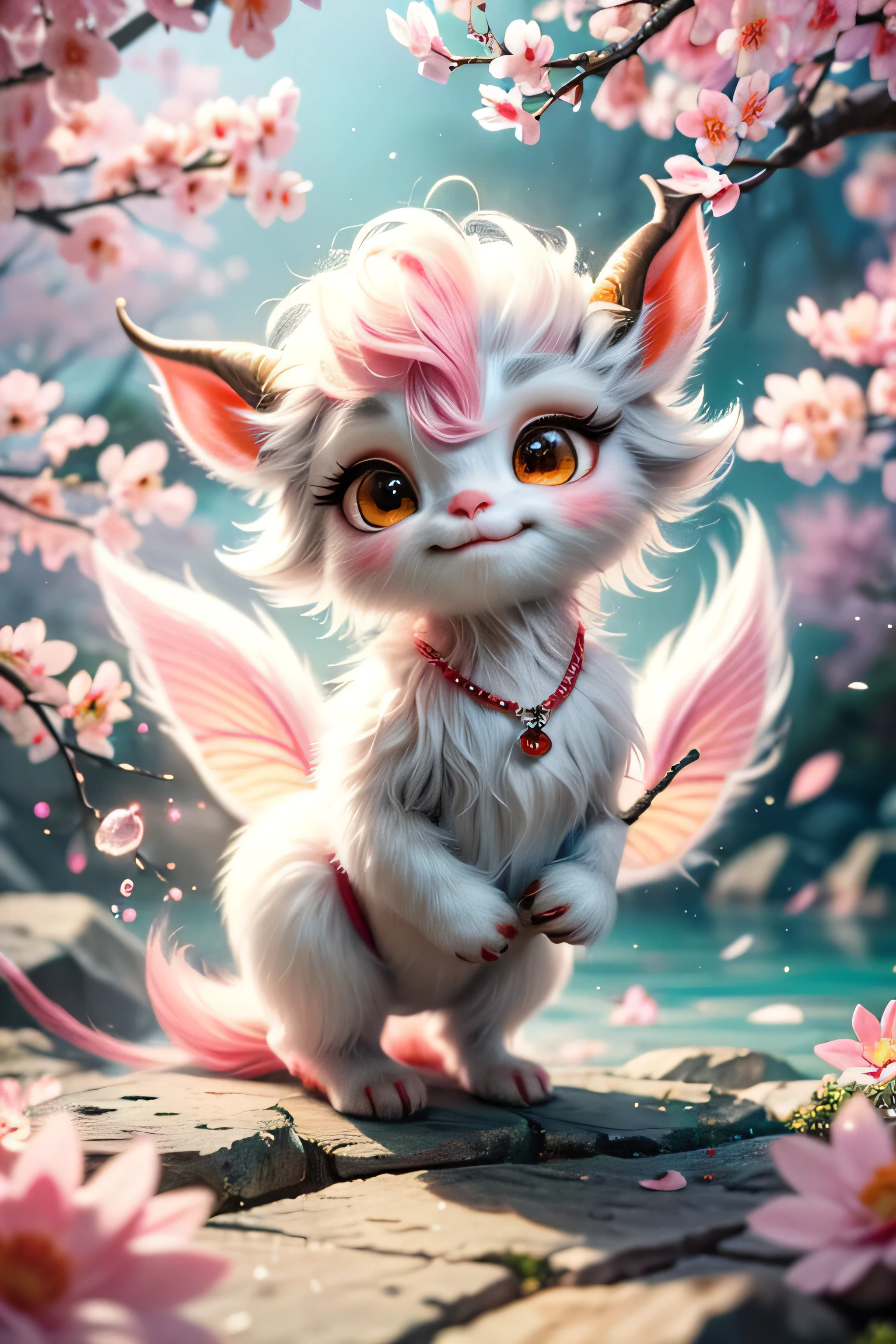 whimsical airbrush and oil painting, best angle of a Very cute mythical graceful transparent anthropomorphic pink furry satyr holds a sakura flower, thin paws, fragile legs, satyr spirit, Mystical Sakura Sea where sakura tree grows in a professional photograph by Awwchang :: Luis Royo :: WLOP :: Artgerm Lau :: Anne Stokes :: natural deep colors