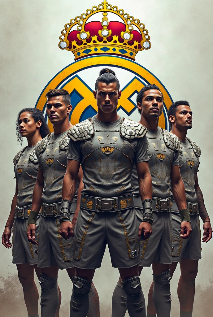 Cristiano Ronaldo. Wearing silver metal armor. His Right hand carrying a gun